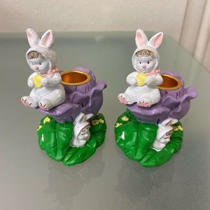 Set Of 2 Bunny Kids Candle Holders, Hermitage Pottery Ca. 1997